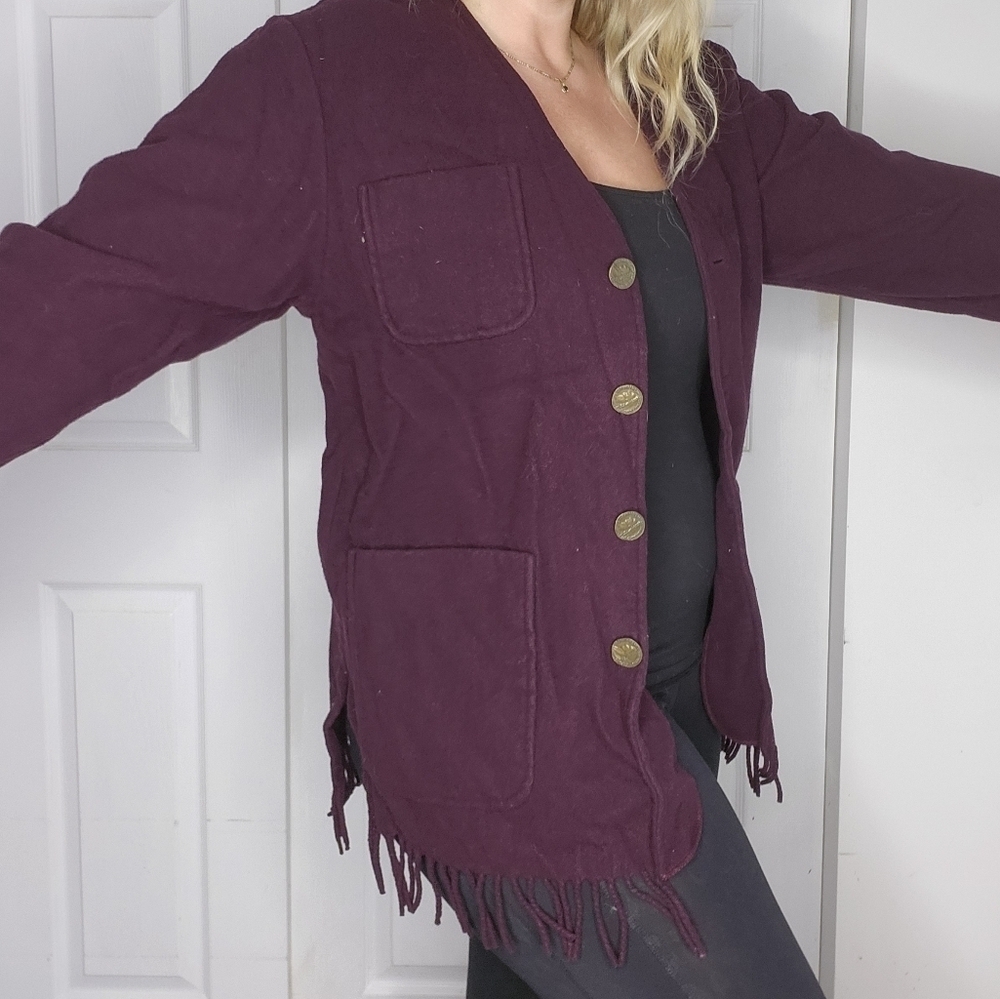 VINTAGE CONRAD C BURGUNDY PLUM FRINGE KNIT CARDIGAN COIN BUTTONS